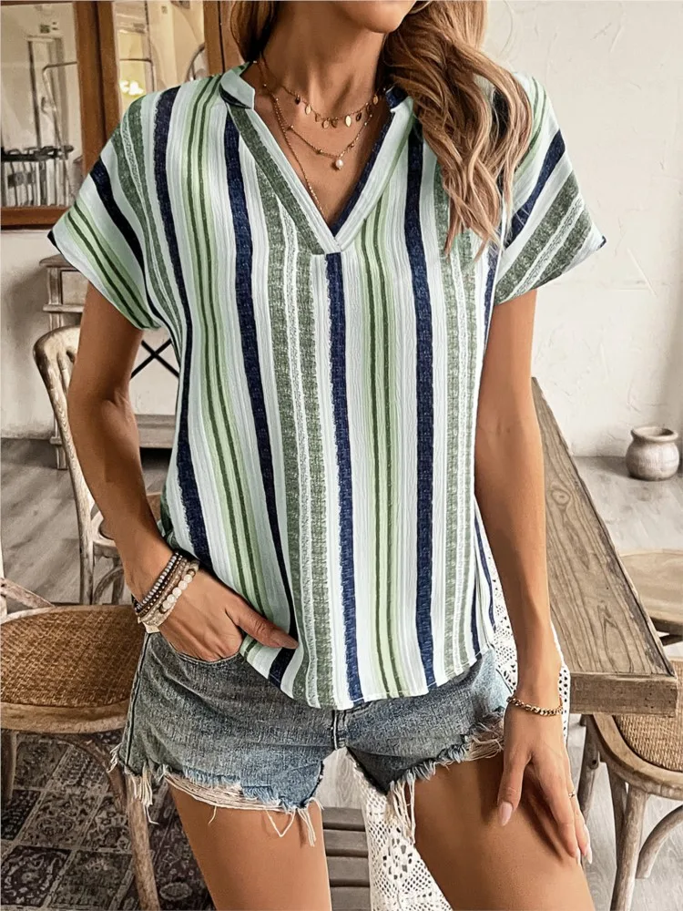 

Лето 2022, новые модные свободные блузки в полоску с принтом, топы, женские повседневные топы с v-образным вырезом и короткими рукавами, офисная женская рубашка, топ