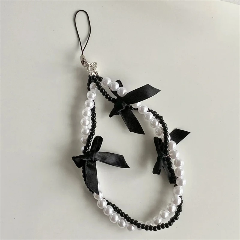 Korean Y2K Cute Pink Black Bow Beaded Phone Chain Charm Lanyard For iPhone Samsung Huawei Universal Accessories Jewelry Pendant