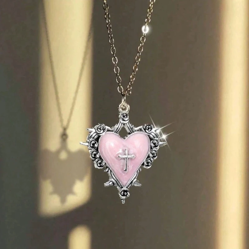 Gothic Y2K Subculture Black Heart Bow Thorn Flower Cross Heart Pendant Necklace Subtle Design Choker Necklace