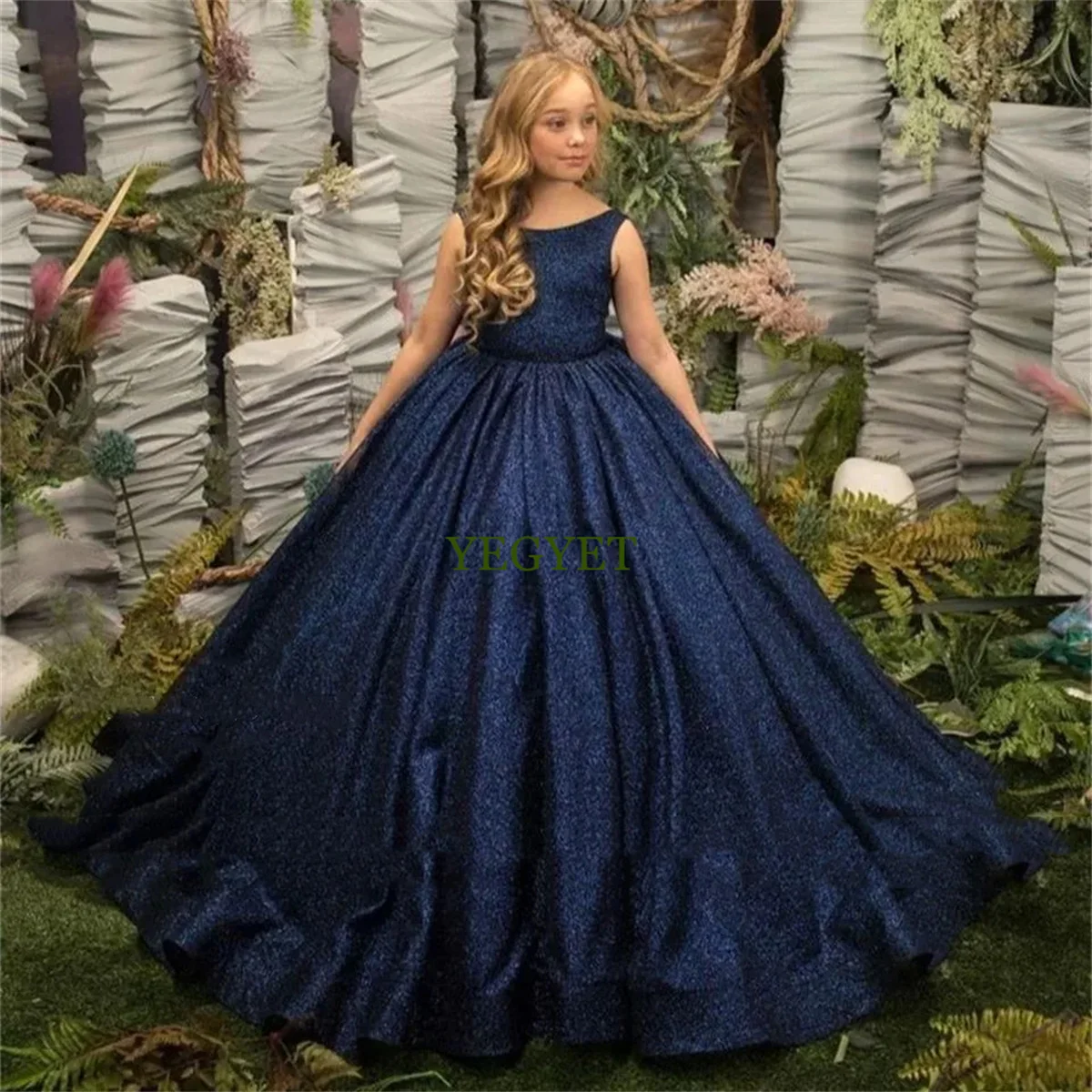 Vestido azul marinho brilhante sem mangas para meninas, vestidos floridos para casamento, princesa vestido de baile infantil, vestido de primeira comunhão com arco, 2023