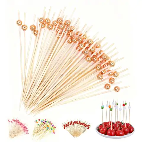 100pcs Wedding Pearl Disposable Bamboo Skewers Wooden Cocktail Picks Fruit Picks Snack Fork Skewer Wedding Party Supplies
