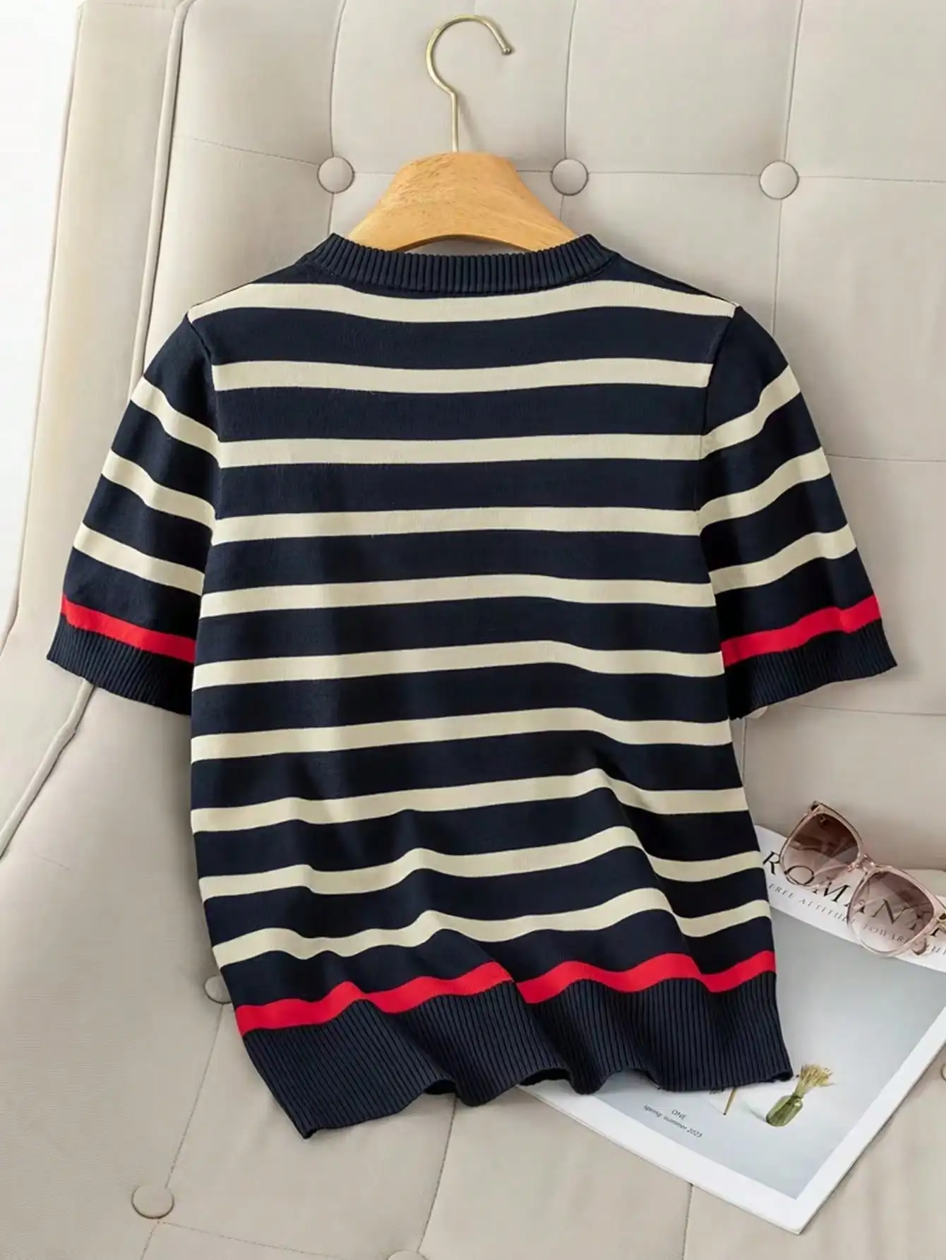 Women's Knit Pullover, Navy Cream Red Stripe Crewneck Short Sleeve Bow Embroidery Relaxed Top, for Summer Parties, Weddings & Fe