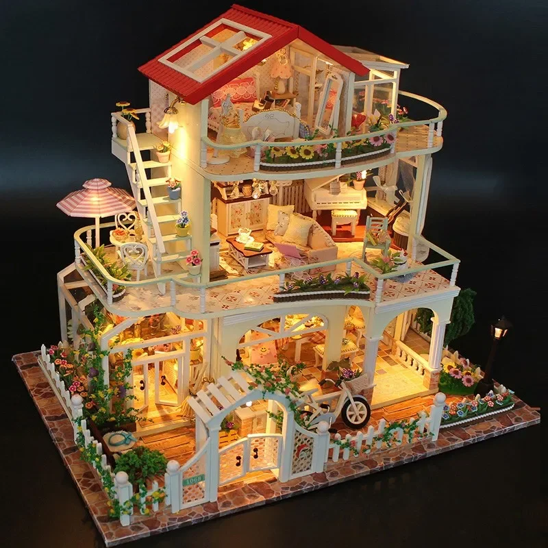 Beautiful Villa Homemade DIY Dollhouse With Music Light Cover Miniature Model Best Gift For Children Creative Intelligence Toys