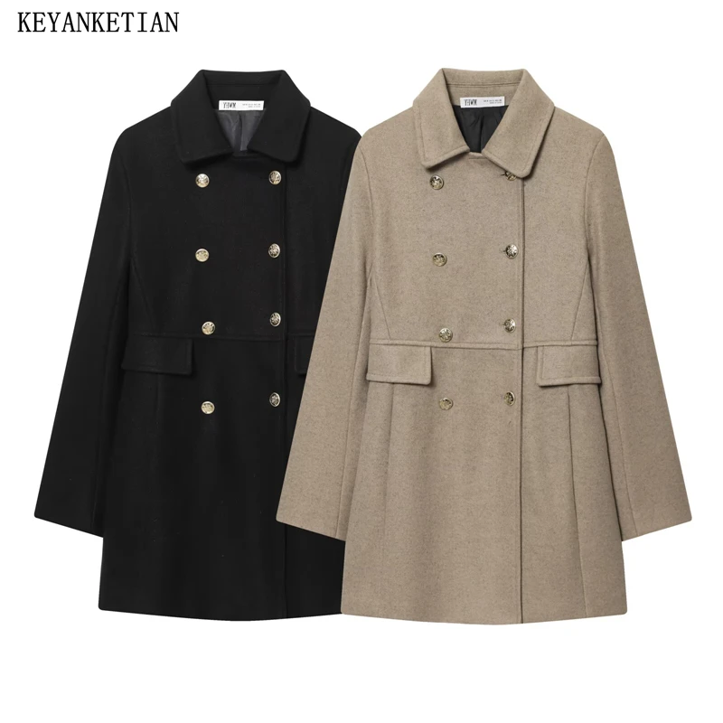 

KEYANKETIAN 2025 Winter New Women's Mid-length Woolen Coat Preppy Style Double Breasted Flap Pockets Slim Thick Warm Outerwear