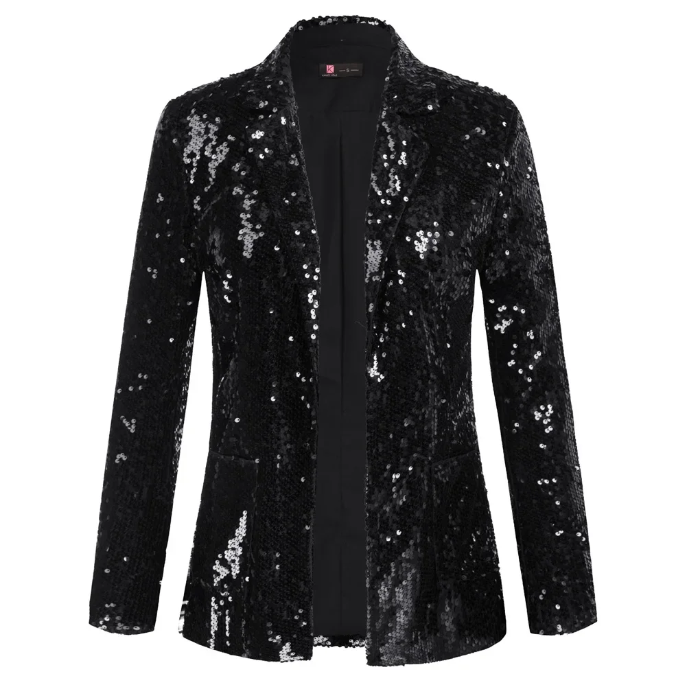 KK Women Shiny Blazer Sparkling Sequins Coat Long Sleeve Lapel Collar Jacket Wedding Party Stage Costumes Outerwear Streetwear