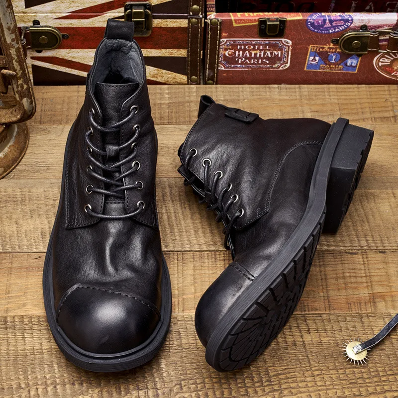 Big-headed Men's Retro Work Boots Fashion Lace Up Genuine Leather Men Chelsea Boots High Quality Winter Men Casual Oxford Shoes