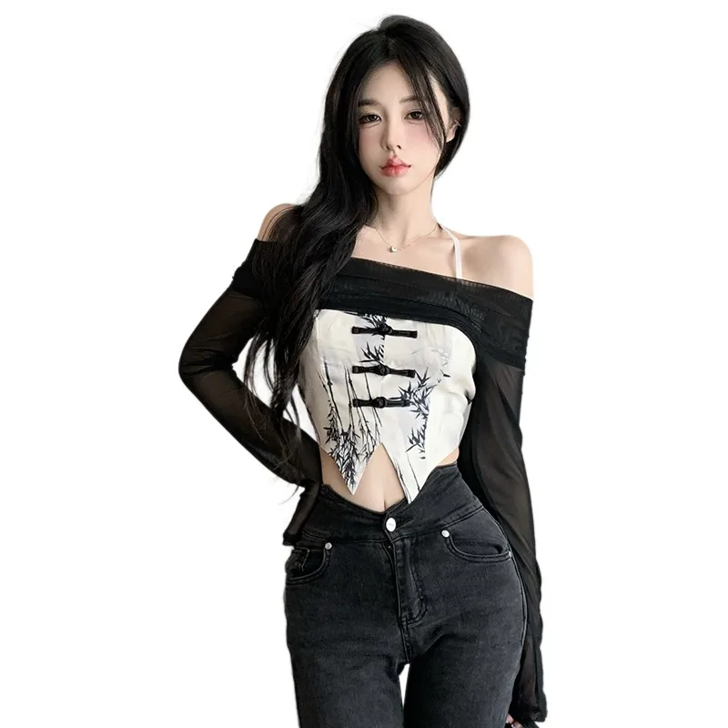 Women Two-piece Sunscreen Blouse Blouse Sexy Long Sleeved Waistcoat Short Waistcoat Hanging Neck Solid Color Blouse