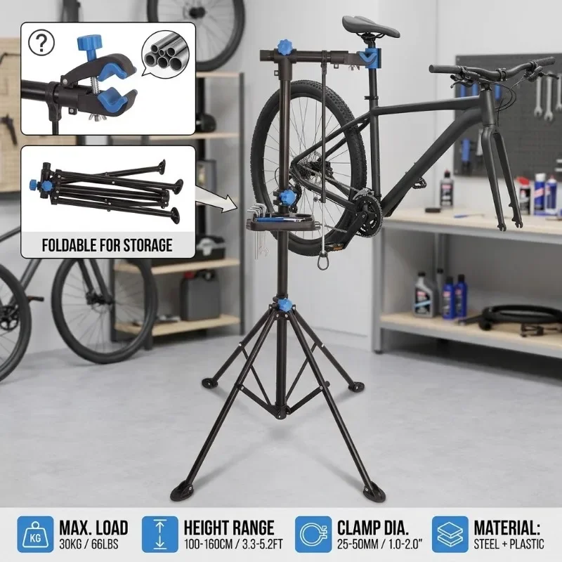 Adjustable Foldable Bicycle Repair Stand Tool Tray Quick Release Clamp Tripod MTB Road Bike Maintenance Workstand Display Holder
