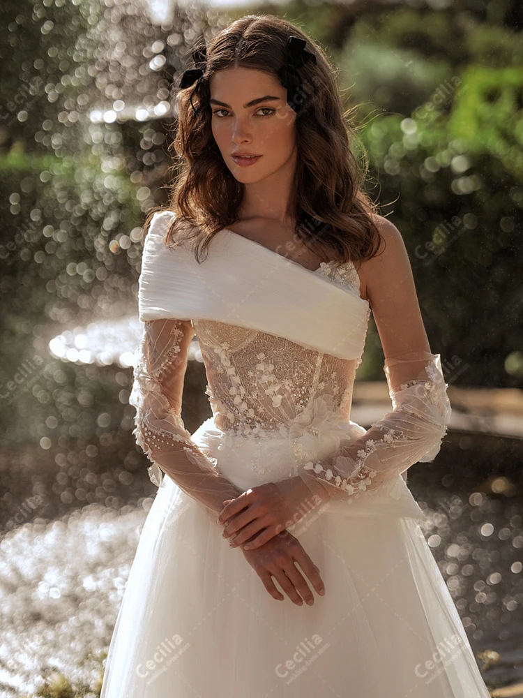 Vestidos de casamento glamorosos uma linha vestidos de noiva tule em camadas roupões rendas apliques mangas completas vestidos de novia personalizado 2025