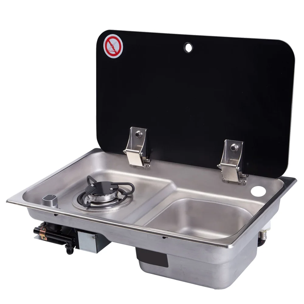 Bote, caravana, RV, Camper, estufa de Gas, estufa de Gas, encimera y fregadero de acero inoxidable combinado con tapa de vidrio negro 21,1*12,52*5,75 pulgadas