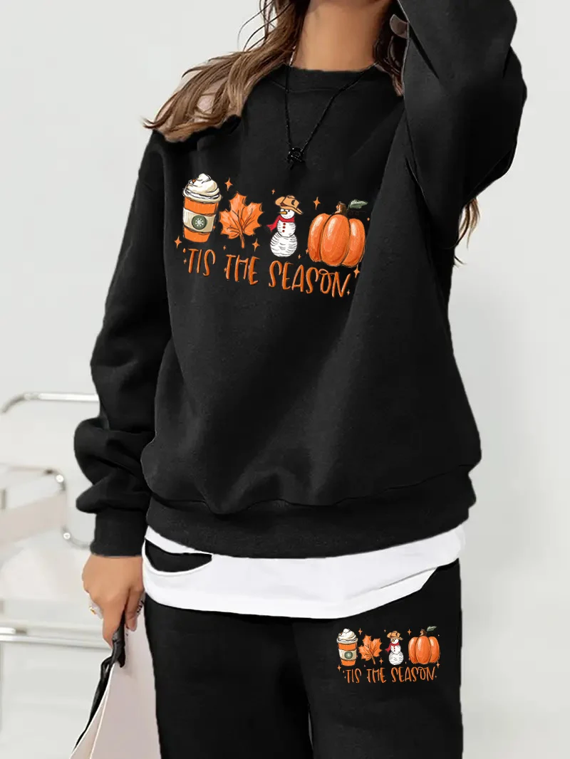 Winter Halloween print and cashmere 2-piece set, women's crew-neck hoodie elastic waist sweatpants set comfortable women