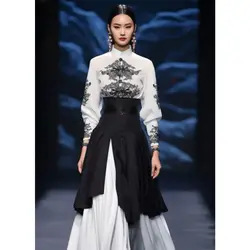 New Chinese Skirt Women's Fashion National Style Dress Set Early Autumn Sensation Midbody Skirt Suit Ink And Ink Printing Set