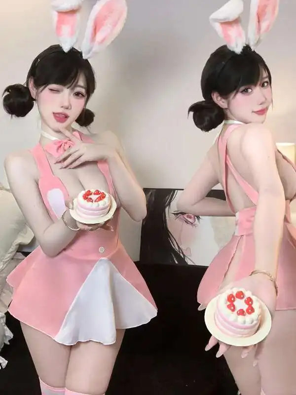 لينة لطيف الأرنب مغر مثير الرغبة النقية فستان مغر أنيق الوردي الحلو فستان قصير القوس الرقبة 2025 بلايز جديدة 39ZB