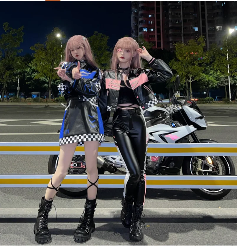 

Spring and Autumn American PU leather short motorcycle suit women's jacket short skirt tight pants set