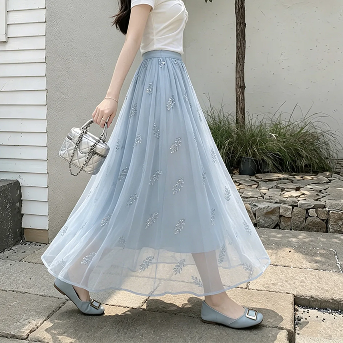 

High Quality Leaf Embroidered A-line Long Maxi For Women Summer fashion Elastic Waist Shimmering color Big Swing Skirt