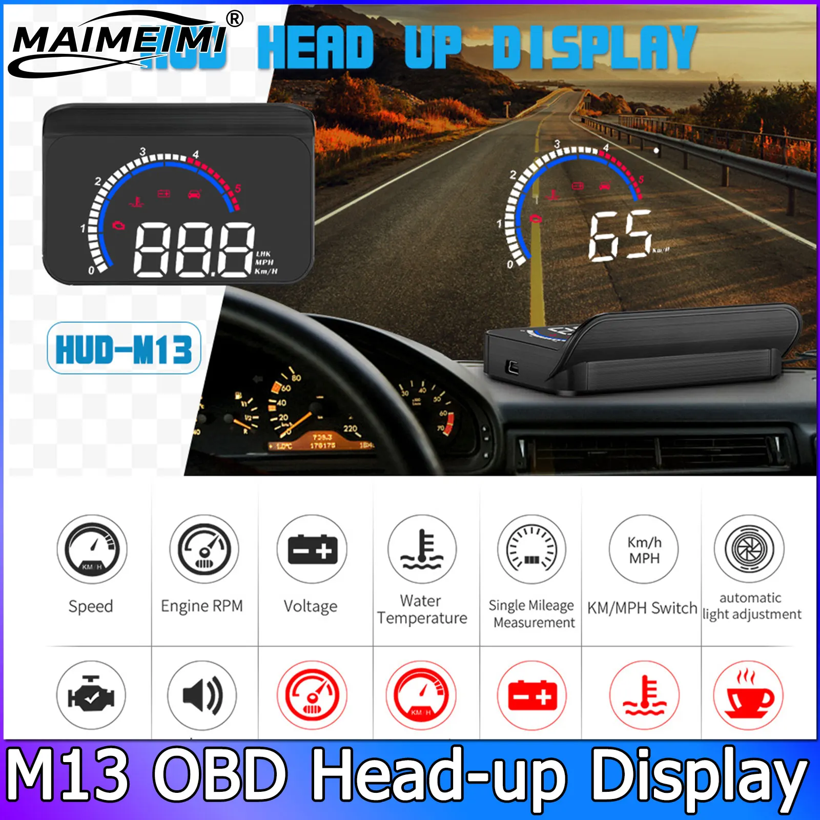 

M13 Car Head-Up Display OBD2 HUD Speedometer KM/h MPH Overspeed Warning System Projector Windshield Auto Electronic Voltage