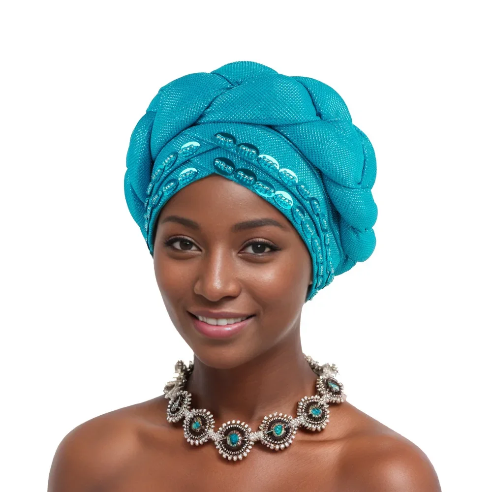 

2025 Braided Twisted Headscarf Women African Auto Gele Headtie Aso Oke Nigeria Head Wrap Bonnet Hijab Sequin Wedding Headwear