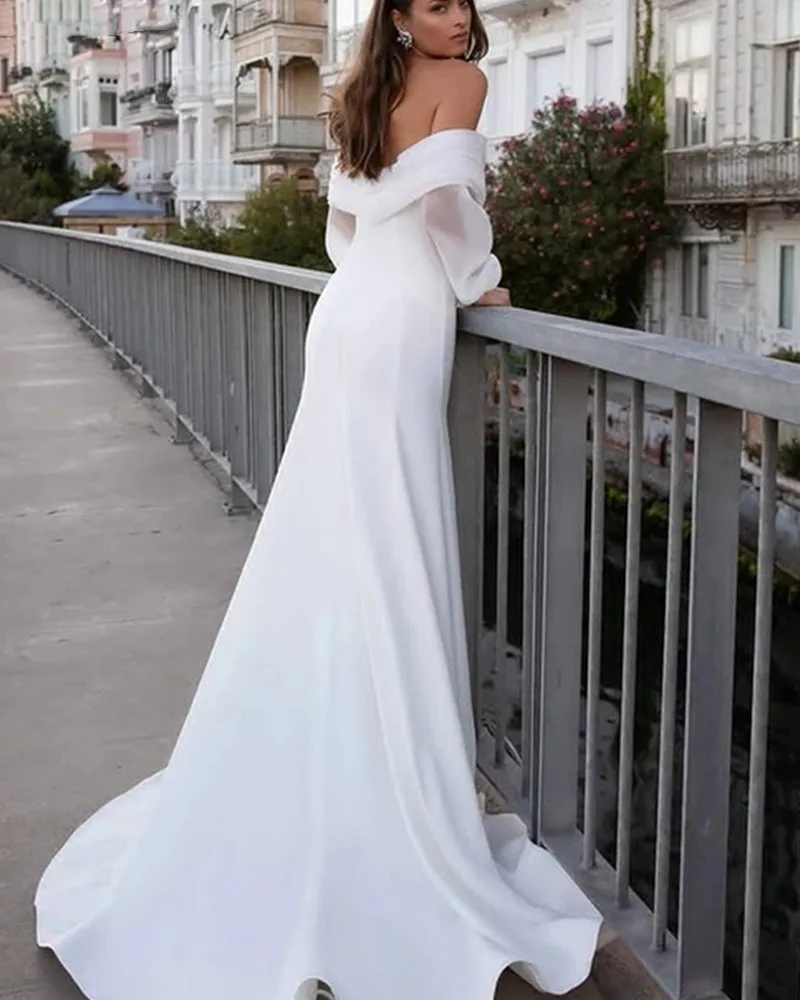 Robe de mariée blanche en Satin, style Boho, col bateau, manches lanternes, dos nu, avec traîne, élégante, pour femmes, nouvelle collection