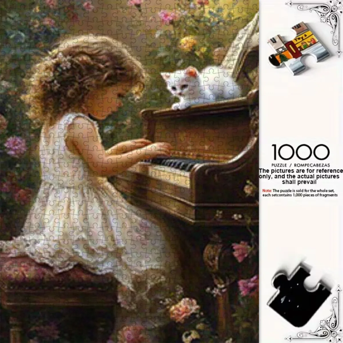 จิ๊กซอว์ 1000 ชิ้น ลายสาววินเทจเล่นเปียโนกับแมวขาว - ชิ้นส่วนมีหมายเลข สำหรับผู้ใหญ่และครอบครัว งานศิลปะติดผนังขนาดใหญ่