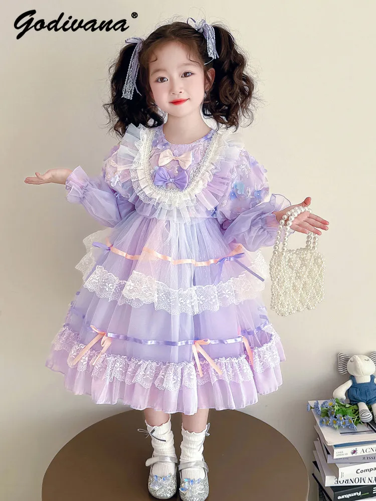 Sweet Baby Girls Heavy Luxury Purple Tulle Lolita Princess Dress 2026 Spring and Autumn Long Sleeve Birthday Party Ball Gown