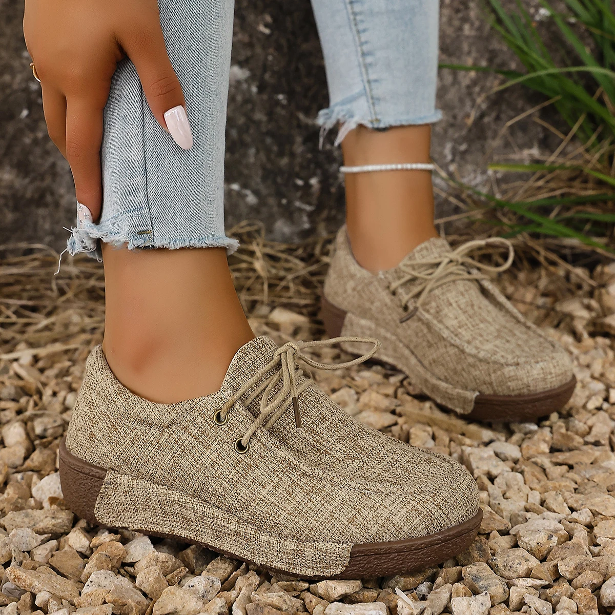 Plus Size Schuhe für Damen 36–43 Frühling Herbst 2026 Damen Lace Up Plateau Wedges Bequeme Wohnungen Sneakers Damen