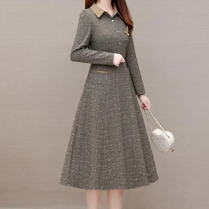 Women's Spring Autumn Pullover Turn-down Collar Button Sashes Rivet Pocket Contrast Long Sleeved Fashion Casual Elegant Dress