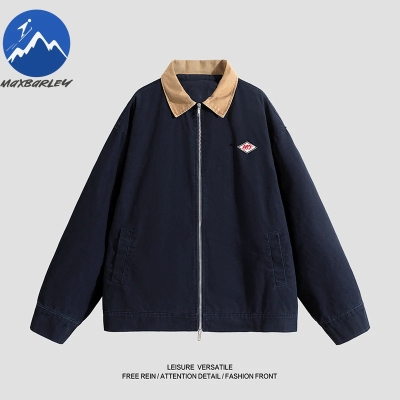 Maxbarley Fashion Windbreaker Jackets Men Autumn New Color Block Pure Cotton Work Jacket Casual Outdoor Hiking Zipper Outerwear