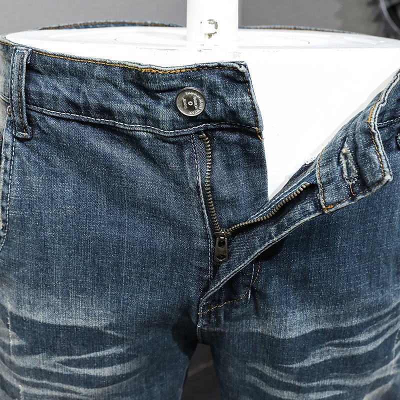 Italian Style Fashion Men Jeans Retro Washed Blue Stretch Slim Fit Ripped Jeans Men Trousers Vintage Designer Denim Pants Hombre