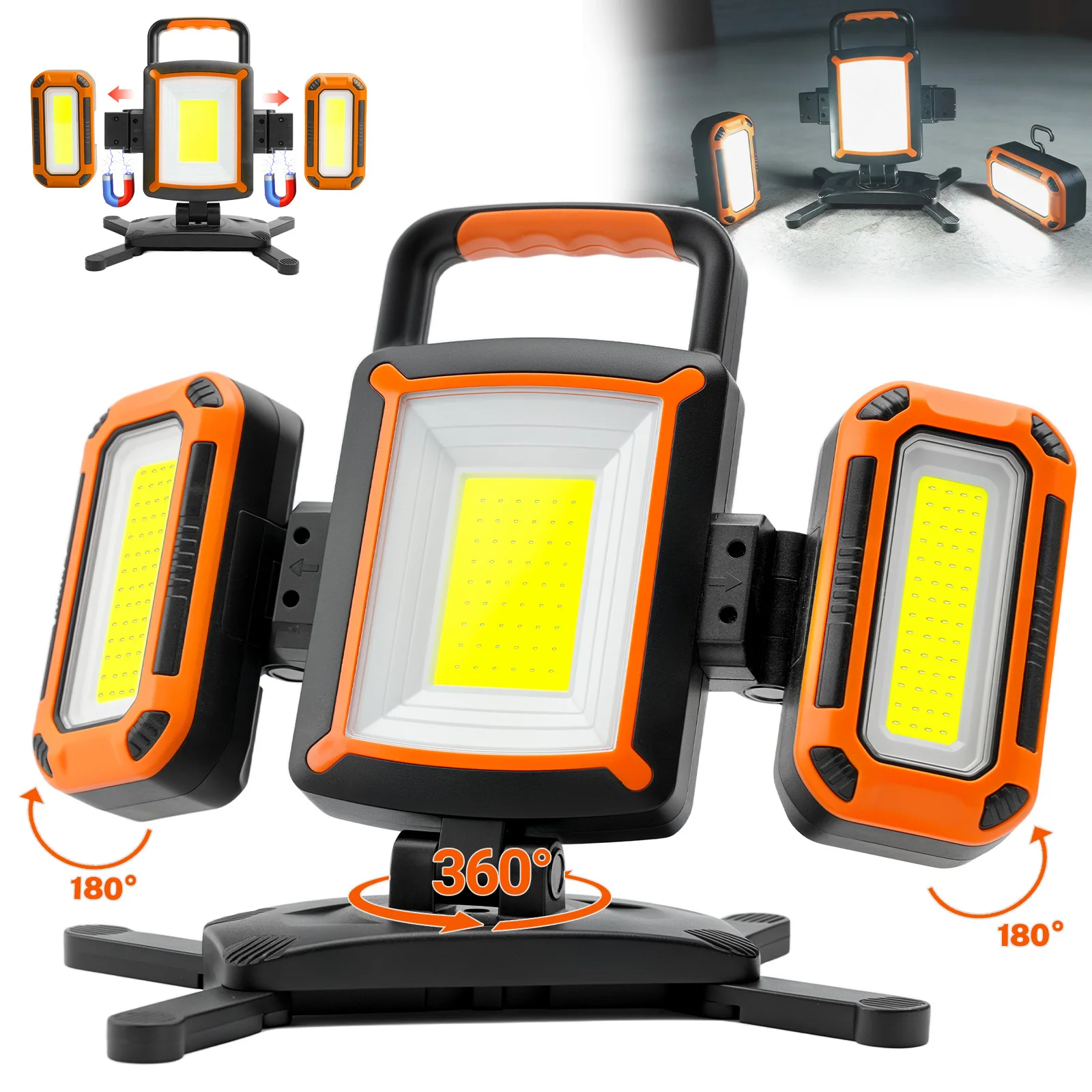 50W 5000LM  Modular Rechargeable Work Light,3 in 1 Portable LED Work Lights with Detachable Dual Side Lights, 9 Modes, 360° Rotation, Magnetic Base & Hooks for Jobsite Repair Camping