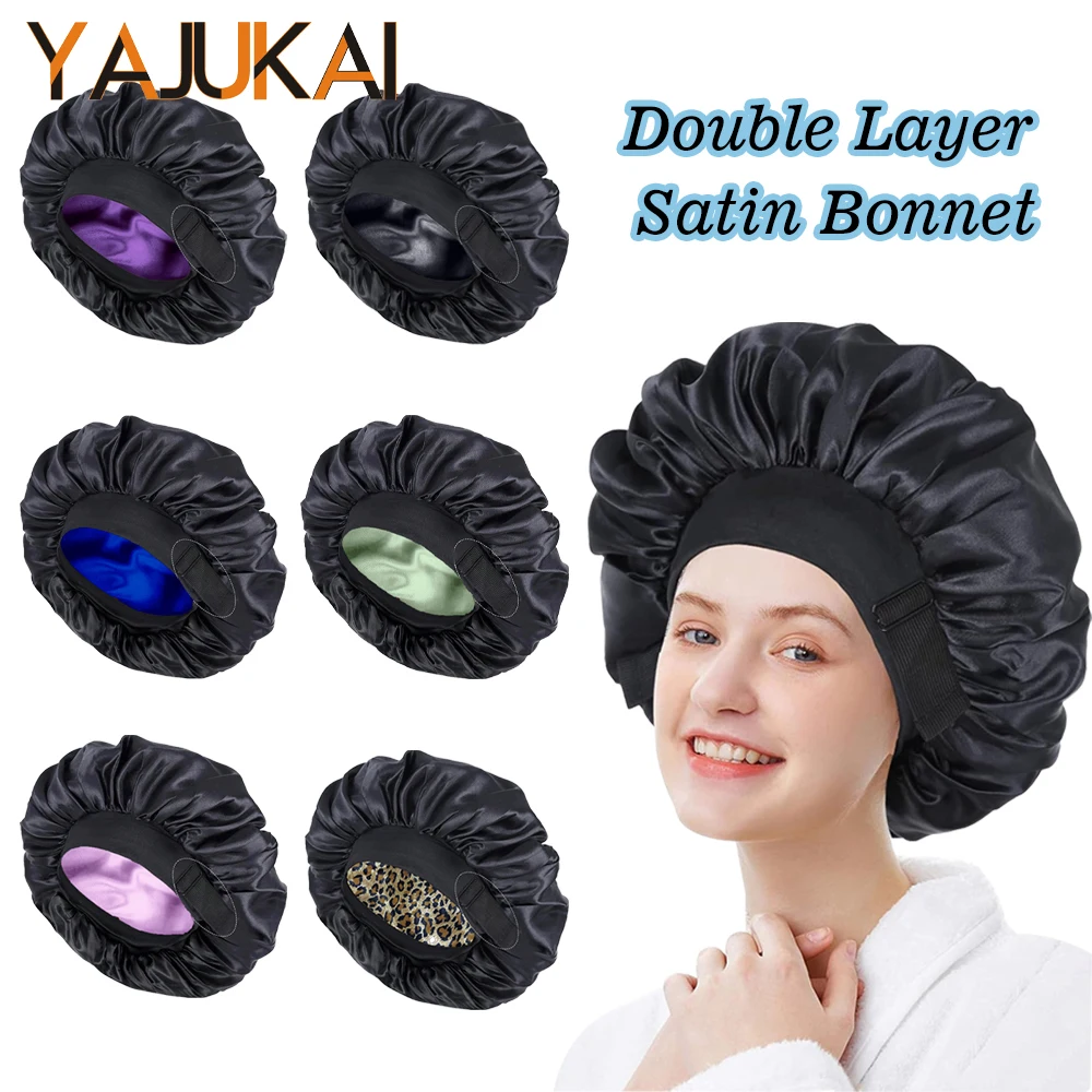 Reversible Satin Bonnet With Adjustable Strap For Sleeping Double Layer 2 Color Hair Bonnets Soft Smooth Sleep Cap For Wig Care