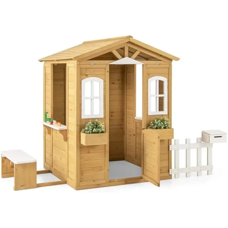 Outdoor Wooden Playhouse for Kids with Picnic Bench Side Windows Half Door Plant Holders Roof Shade Garden Yard Use Ages 2+