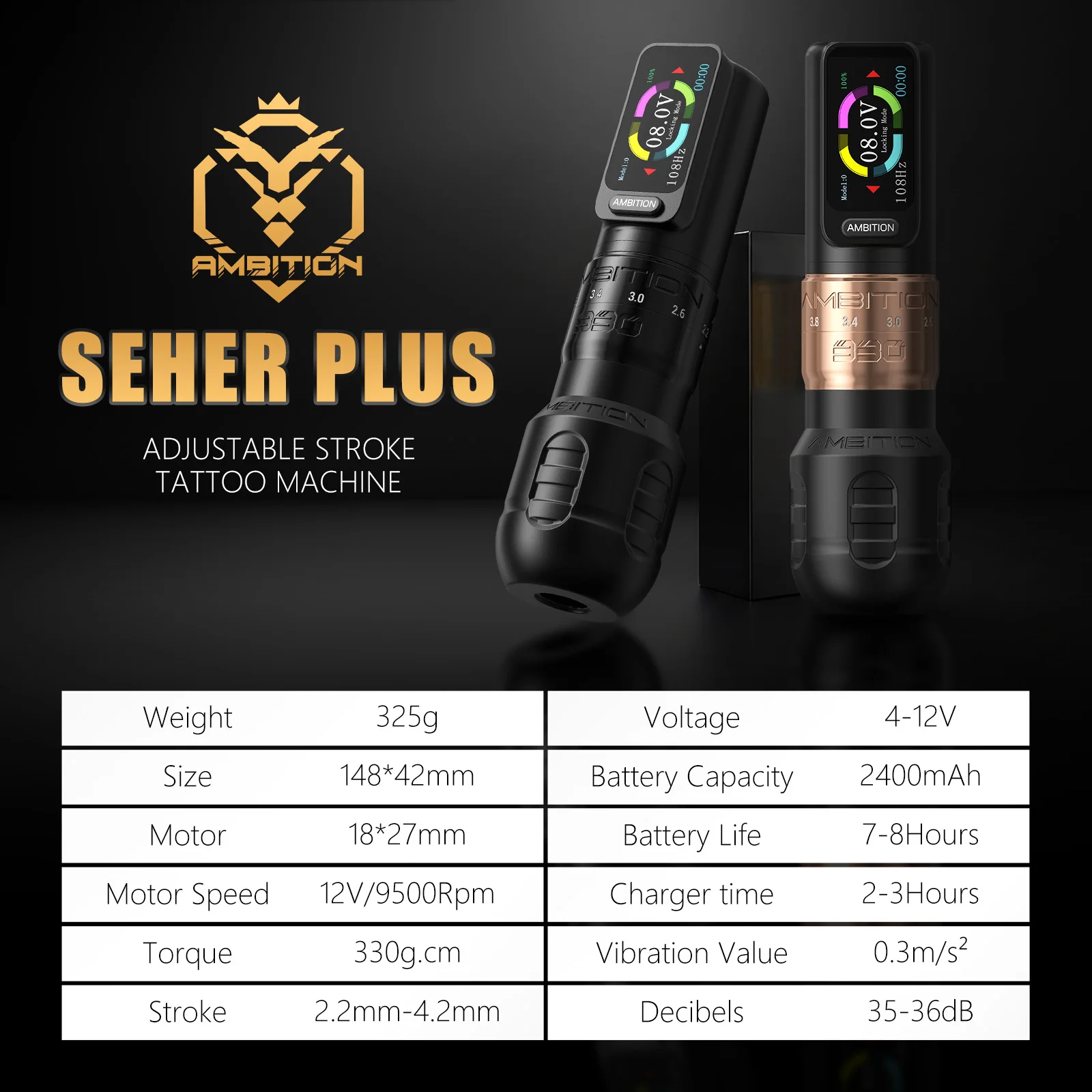 Ambition Seher Plus 330 Wireless Tattoo Pen Machine Adjustable Stroke 2.2-4.2mm 2400mAh Battery Powerful Coreless Motor for Body