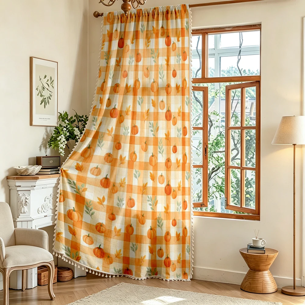 1PC Thanksgiving Fall Tassel Sheer Curtains, Pumpkin Maple Leaf, Digital Print, Linen Polyester, Bedroom Living Room, Home Decor