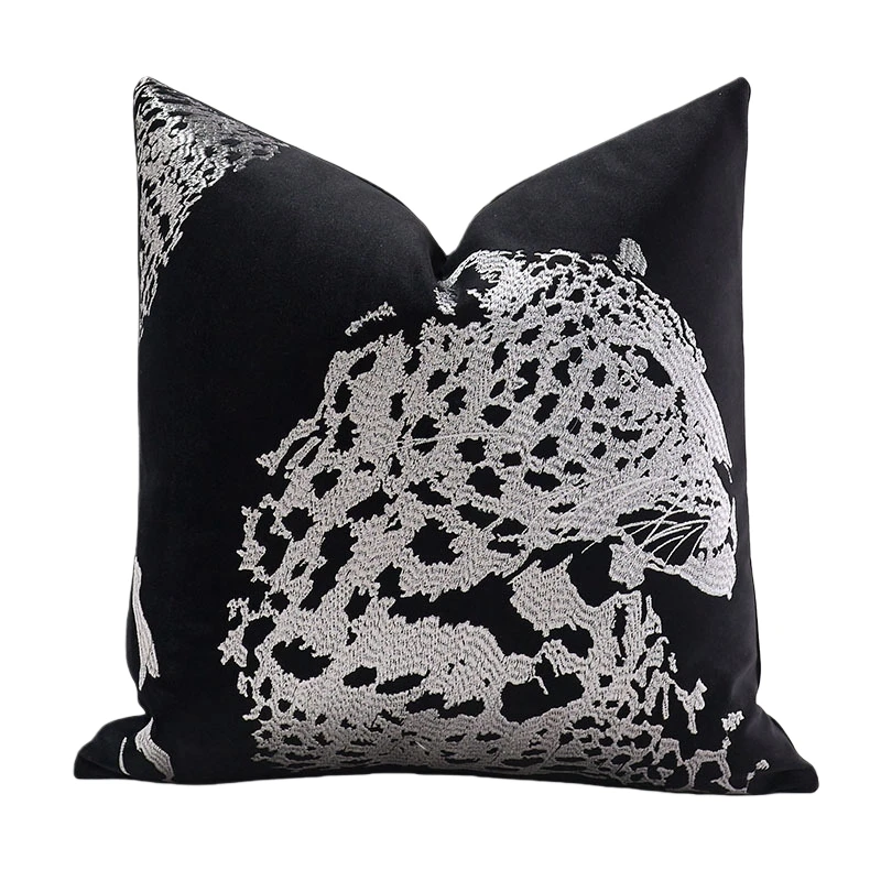 Luxury Embroidery Cushion Cover 45*45 50*50 High-End Decorative Pillowcase Black Silver Leopard Throw Sofa Pillow Cover Velvet