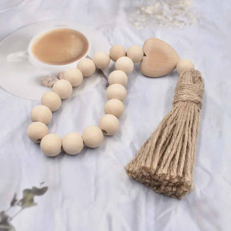 1Pcs Log Color Wood Bead Garland Rustic Wall Hanging Hemp Rope Tassel Beaded with Heart Knot Woven Pendant Home Decoration