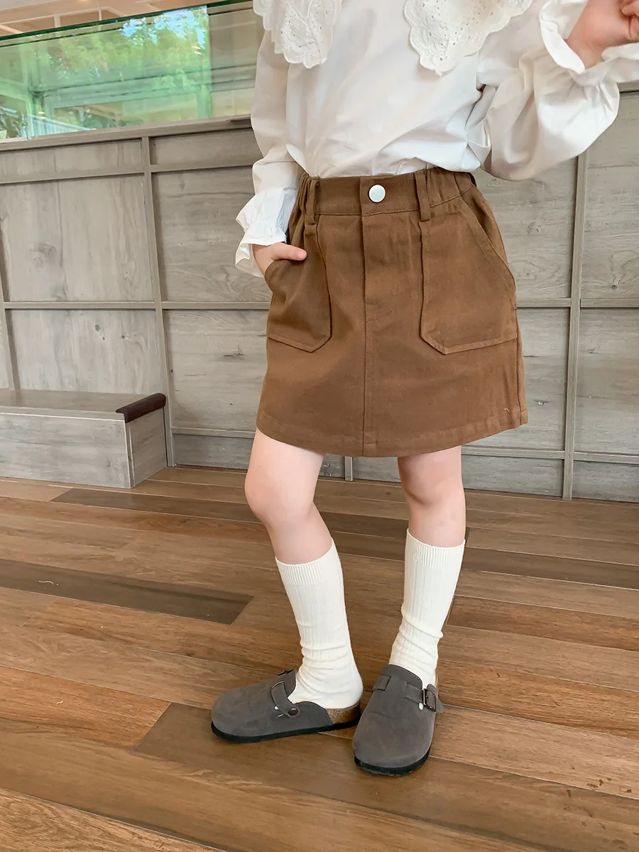 Baby Girls Skirt Autumn Children\'s Solid Versatile Half Skirt Girl Twill Cotton Pocket Work Dress Casual Versatile Short Skirt