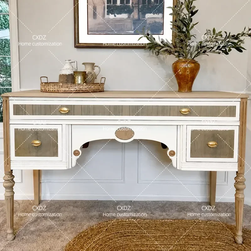 Milk White and Log Color Matching Desk with Brass Handle Retro Style Gentle Atmosphere for Home Office