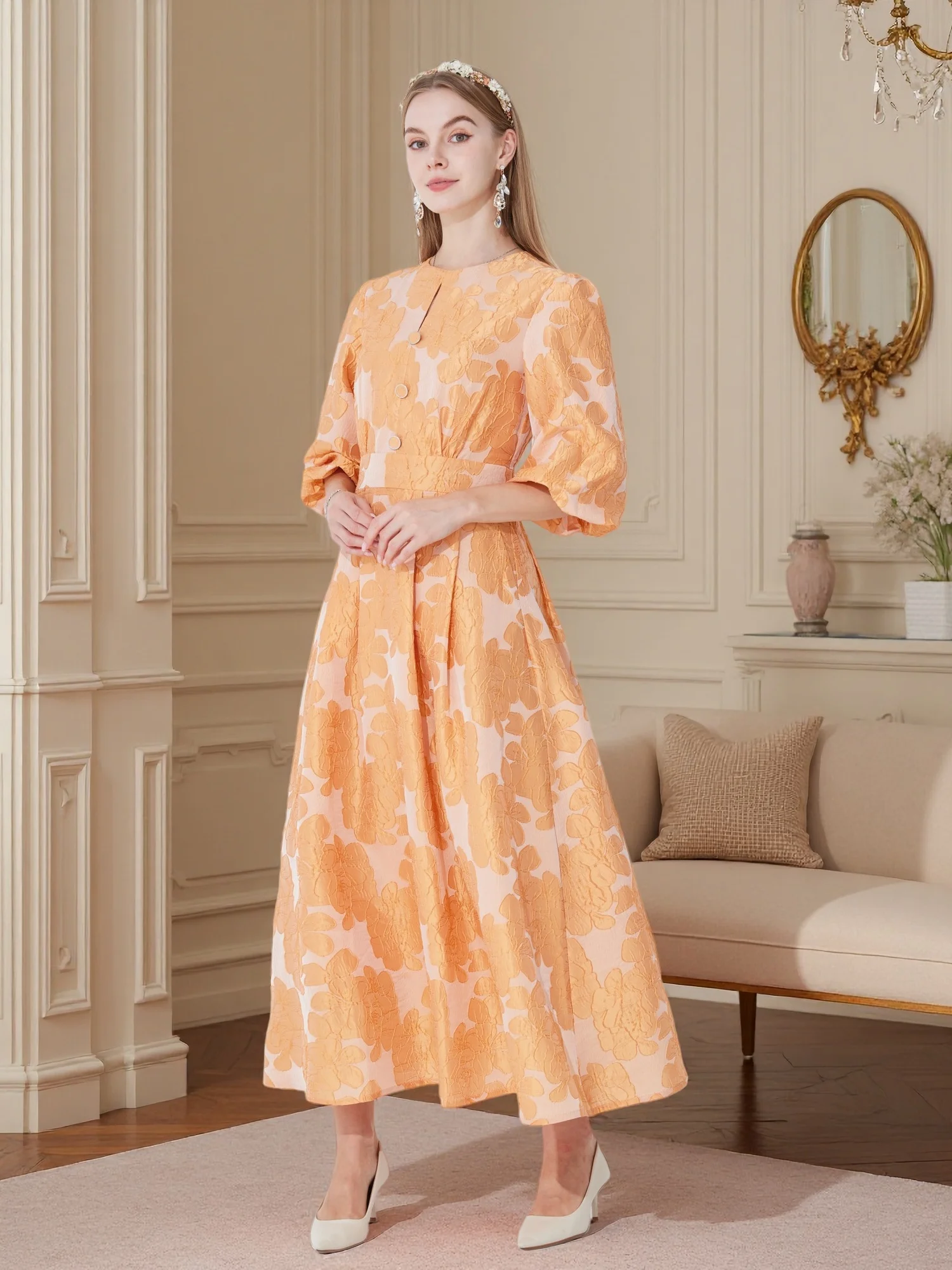 

Elegant Jacquard Dress with Fitted Waist Flared Hem Front Decorative Buttons and Side Pockets — Formal Wedding Guest Attire