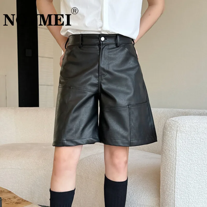 NOYMEI PU Leather Shorts Black Casual All-match High Waist Solid Color Simple Slim Summer New Pants Men WA5216