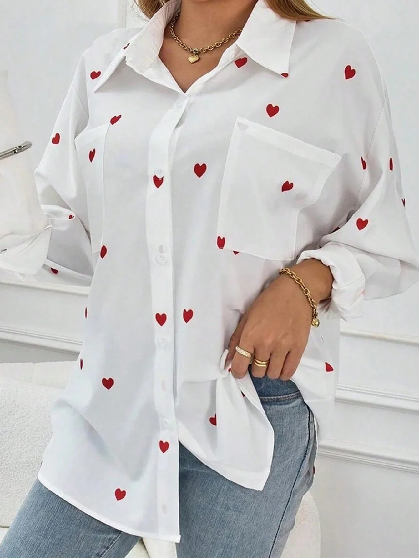 

Women's Loose Fit Heart Print Long Sleeve Button Up Casual Shirt White Spring