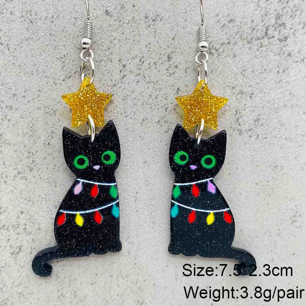 New Christmas Earrings Five Pointed Stars Christmas Tree Lights Black Cat Bells Acrylic Earrings Christmas Decoration Gifts