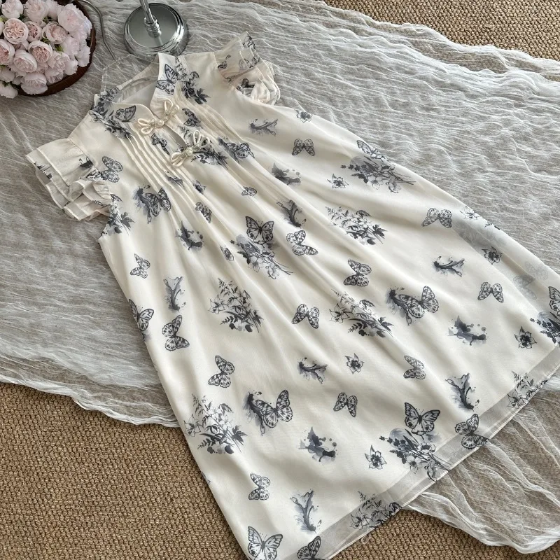 Nuovo stile cinese misto piccolo vestito con maniche volanti gonna da bambola con fibbia da donna