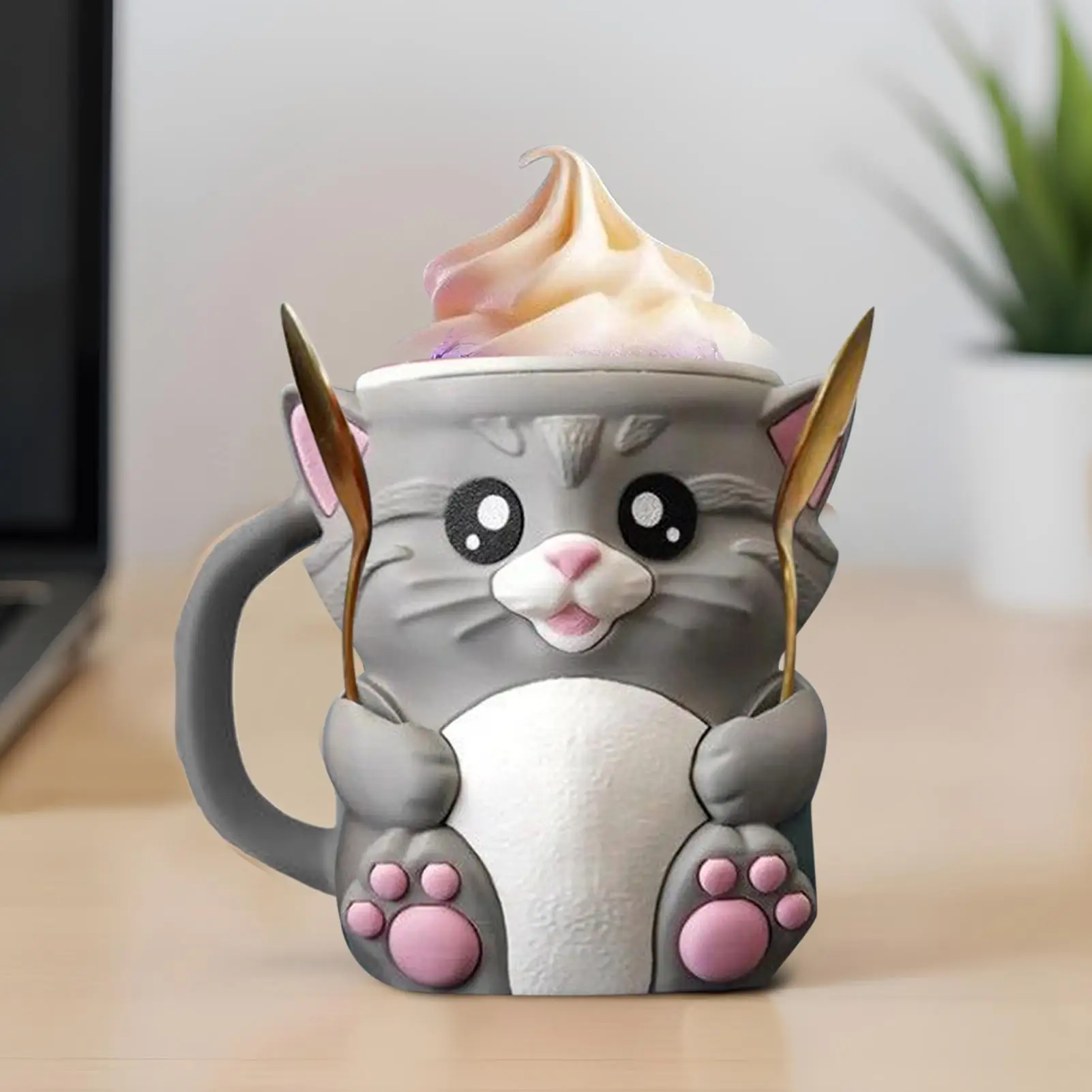 Cat Ice Pint Cup Holder Reusable Cat Ice Cream Pint Holder 3D Printed Dessert Cup Sleeves With Spoon For Party Birthday