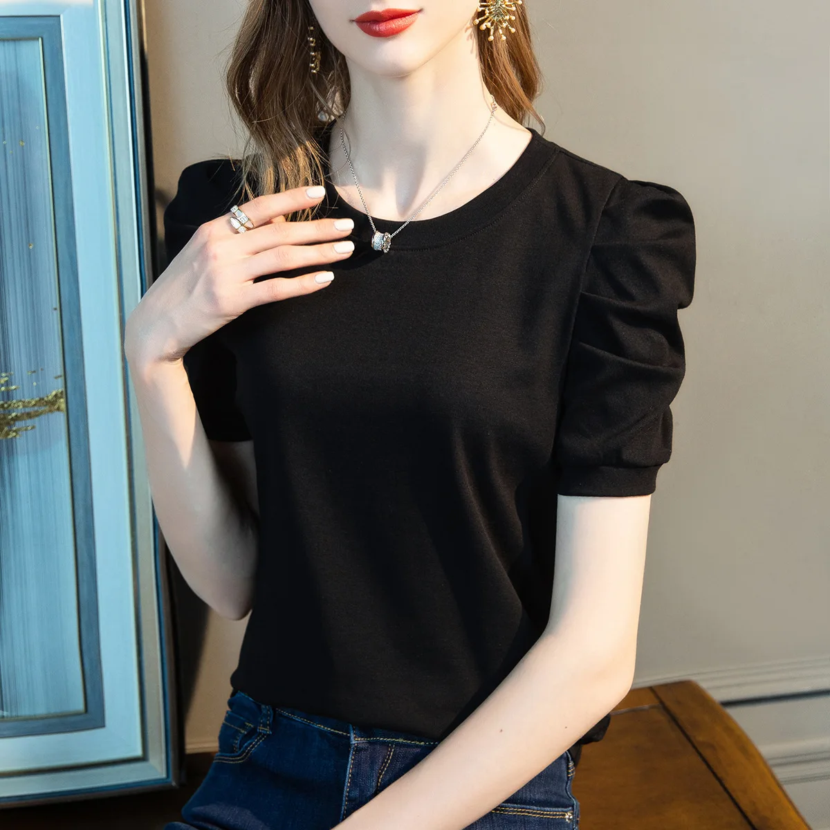 MadBlack European Clothes Tshirt Women O Neck Ruched Slim Cotton Tops Short Puff Sleeve Elastic Tee Spring Summer 2024 T41651JM