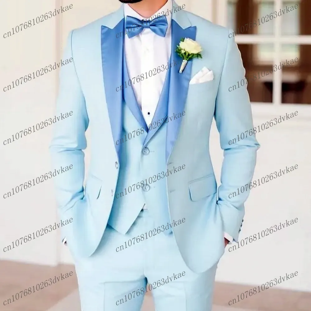 

New Sky Blue Formal Occasion Business Men Suit Groom Groomsman Wedding Party Prom Male Tuxedos 3 Piece Set Blazer Vest Pants