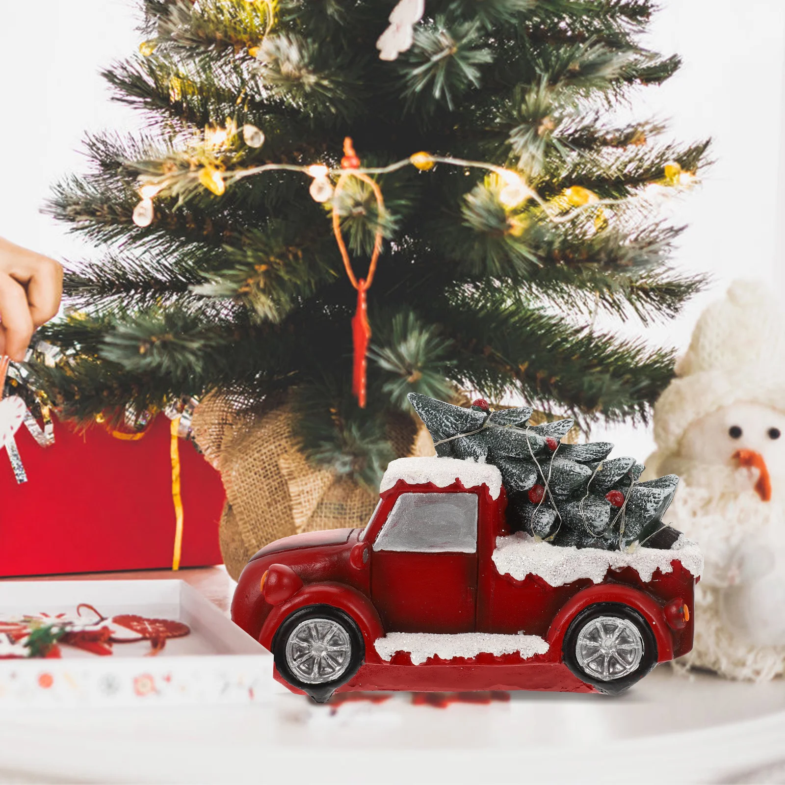 

Xmas Red Truck with LED Lights Christmas Resin Decoration for Living Room Dining Table Display Accessory