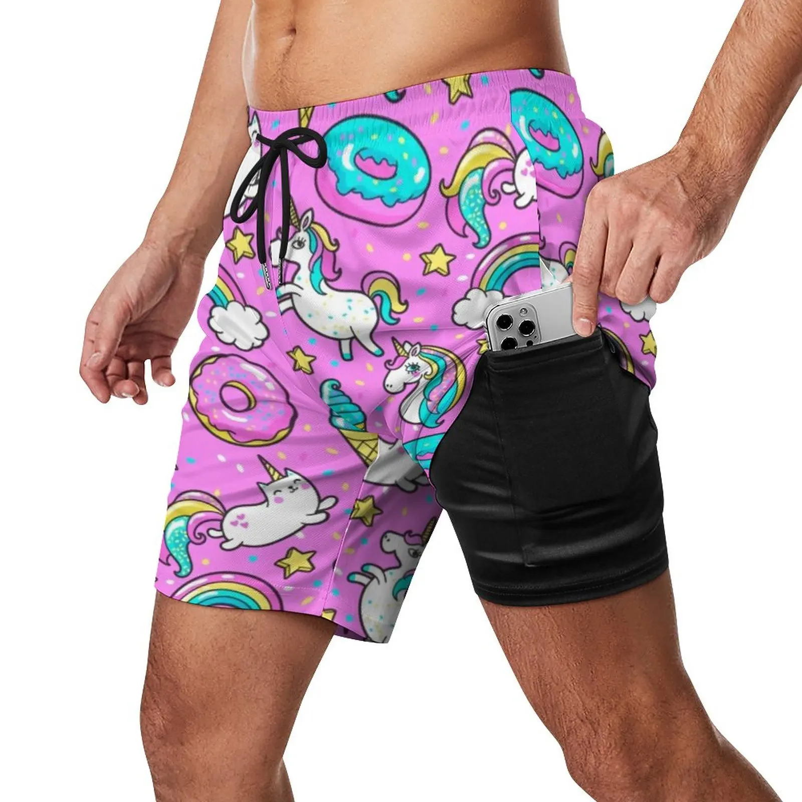 Cute Doughnut Board Compression Shorts Men Rainbow UnicornIce  Beach Pants  Quality Print Swim Trunks Large Size