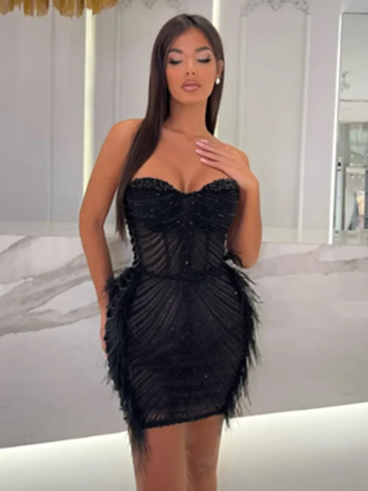 

2024 Women Celebrity Sexy Strapless Mesh Feather Pearl Sequins Black Mini Gowns Dress Elegant Evening Party Club Vestido