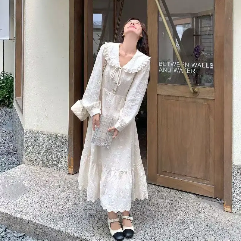 Plus Size 5XL 140KG Autumn Long Lace Dress Long Sleeve Peter Pan Collar Loose Waist Female Oversized Party Evening Dress