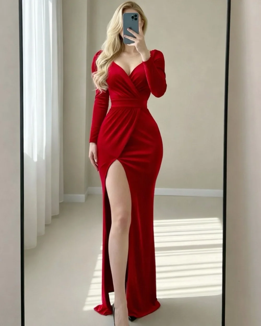 

Customized Modern Style Women Jersey Ruched Pleat Mermaid Evening Dresses Sexy V-neck Long Sleeves Slit Floor Lenght Party Gowns